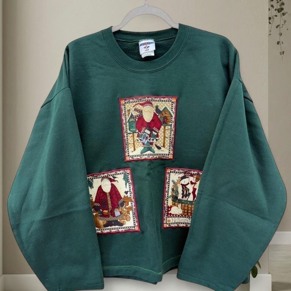 Jerzees Dark Green Holiday Sweatshirt with Santa Patchwork